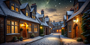 Street of a Victorian London. Winter, white fluffy snow lies on the pavement. Midnight, dark starry sky. Snow is falling. Stone houses with red tiled roofs, wooden window frames, wooden doors. The windows are lit from the inside with dim, weak light. Christmas decorations and garlands on the windows and doors. A church in the distance.