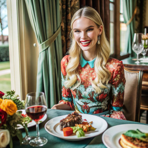 Perfect Stunning 19-year-old supermodel, 8k photograph, with a radiant smile, trendy 2028 hairstyle in vibrant blond, red, black, blue, and pink hues. posed in Alice + Olivia Spring 2028 Ready-to-Wear Collection, with a luxurious steak meal in an opulent dining room. Photorealistic execution, Nikon Z8 camera, NIKON Z 28-400mm F-4-8 VR lens