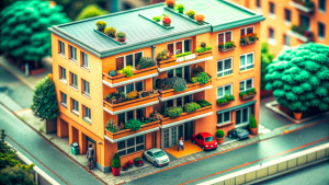 isometric view from 45deg. miniature concrete oldtown house, with visible four floors and balconies, garage near the building, miniature car parked outside the garage, on the ground, not on the roof. A lot of deatil on the balcony: flower pots, laundry. 