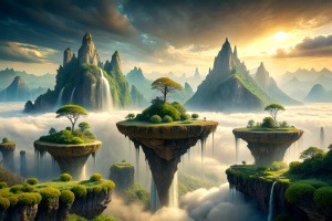 In a surreal landscape, visualize a midjourney where gravity behaves unexpectedly, with floating islands and upside-down waterfalls challenging the protagonist on their quest