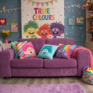 A vibrant living room scene with a large, plush purple sofa. Trolls from the movie Trolls are scattered across the cushions, each with unique facial expressions. The backdrop is a mural with the words 'TRUE COLOURS' in bold letters.