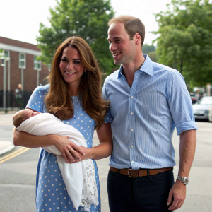 Prince William and Kate Middleton standing proudly outside St. Mary's Hospital in London with their newborn son, Prince George. The Duke is neatly groomed, while the Duchess has long wavy brown hair. Both are dressed in light-colored attire.