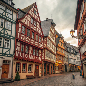 A picturesque street in old Frankfurt, Germany. Brightly colored houses with intricate timber framing. Steeply pitched roofs, multiple levels of windows, and diverse architectural details. The houses are closely set, creating a charming and historic scene.