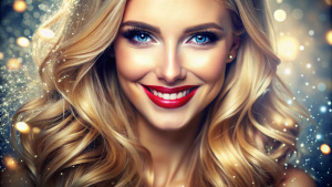 MAURA MAURER smile  beautiful eyes, long blond hair, looking at the camera, big ultra  voluminous lips without makeup, macroparticle glow, beautiful effect ultra-detailed 
