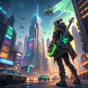 Digital artwork featuring Lucio from Overwatch. Futuristic cityscape background