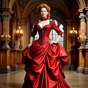 50 yo redhead in Victorian satin dress with wide skirt with bustle, hourglass figure, very narrow waist and big bosom spilling out, broad hips, side view at ballroom in Carlton Towers, full body view