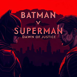 Banner for 'Batman v Superman: Dawn of Justice'. Dark and brooding atmosphere. Gotham skyline. Batman and Superman standing confrontationally.