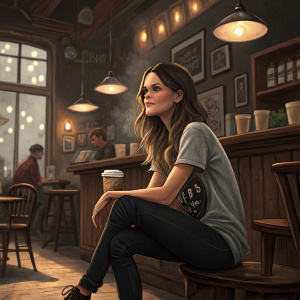 Rachel Bilson in a casual outfit, gray shirt and black skinny jeans, at a cozy coffee shop. The dimly lit interior with wooden furniture and soft ambient lighting