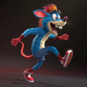 Digital 3D render of Crash Bandicoot 4 character. Cartoonish, rodent-like creature in mid-jump pose. Dark studio backdrop