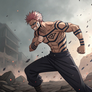 A detailed digital illustration of Sukuna from Jujutsu Kaisen, showcasing a fierce battle stance with an intense focus on his determined facial expression and sculpted muscles.