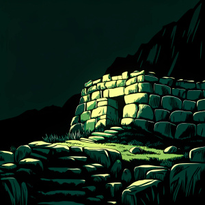 Ancient Inca ruins at Ollantaytambo, Peru. Giant gray stones covered in moss and earth, stacked to form an old structure. Rocky and steep terrain, picture appears life-like.