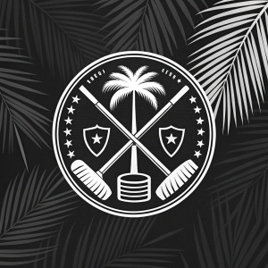 CURLING SPORTS CLUB TEAM logo. Modern and sporty design with crossed brooms. Palm frond texture pattern. Black and white color scheme.