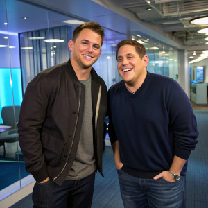 Channing Tatum and Jonah Hill at SiriusXM headquarters. They are dressed casually, smiling widely. Brightly lit studio interior with glossy walls and modern furniture