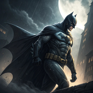 Batman illustration. Dynamic pose, silhouette contrast, dramatic lighting.