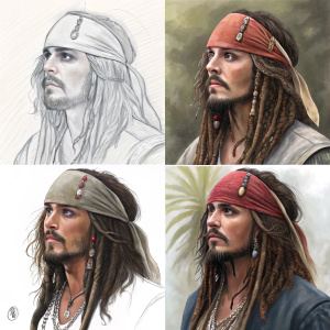 A series of sketches illustrating the evolution of Jack Sparrow from initial rough drafts to a finalized movie poster, showcasing the artistic process behind Pirates of the Caribbean.