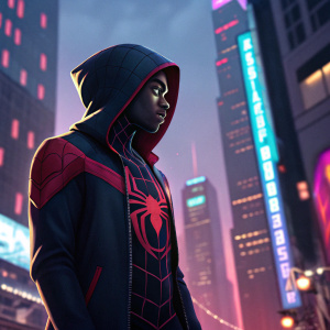 Digital illustration of Miles Morales, wearing Spider-Man suit with a hood. Colorful cityscape background.