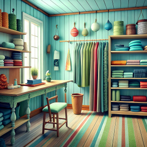 old tailor shop, the walls are half-way wooden paneling, the upper parts are green paint. carpet on the floor. wooden cabinets on the back wall full of colorful striped, rolled fabrics, shelves full of spools and sewing materials. boss and clothing patterns, a board full of pages torn from fashion magazines .retro lamp hanging from the ceiling.old style curtain hanging on the window. A standing rehearsal mannequin with a half-completed jacket on it. A rehearsal booth with polka dot curtains, a m