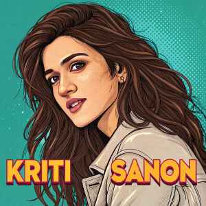 Digital illustration of Kriti Sanon, in vibrant comic book style. Long wavy brown hair, medium complexion. Teal background, bold text overlay.