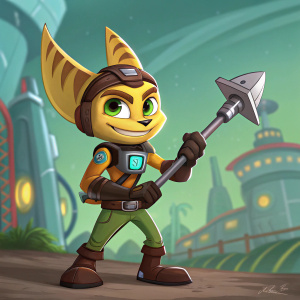 Digital art of Ratchet & Clank character, brown, yellow, and green in color. Wields a sharp metallic tool. Detailed face with playful expression, holding the tool as if ready for an adventure