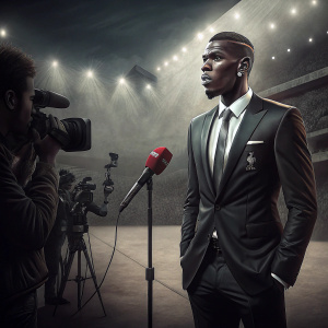 Paul Pogba, in a sleek, formal suit, at the post-match press conference. Stadium lights casting shadows on the concrete floor.