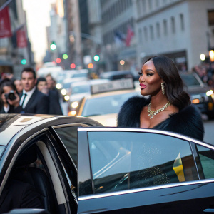 Naomi Campbell, stylish and confident, emerging from a luxury car on a busy New York City street.