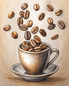 Coffee beans falling on sweet coffee cup