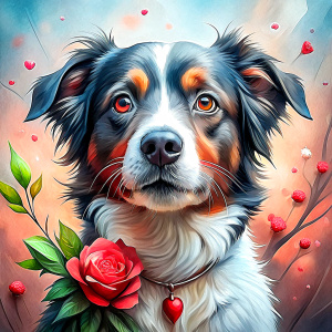 Cute Border Collie puppy with  red rose, Valentine's theme, smile funny and happily  The picture is a watercolor pattern with a white background.