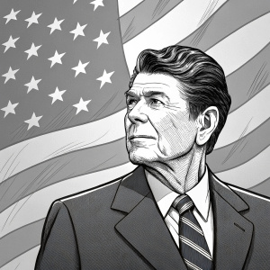 Ronald Reagan in a black and white political cartoon. Wearing suit and standing in front of American flag backdrop. Solemn expression.
