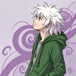Digital artwork featuring Nagito Komoeda from Danganronpa. Spiky white hair, green hoodie, and gentle expression. Set against a backdrop of swirling, purple, text-like shapes.