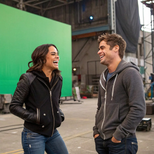 Michelle Rodriguez and Zac Efron sharing a laugh on a movie set. Industrial backdrop with a large green screen.