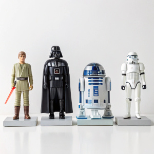 Uniformly sized Star Wars action figures displayed on a minimalist white background.