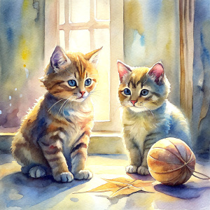 Watercolor painting, Two baby cats play with a ball of wool yarn in a room with white walls and a very bright window.