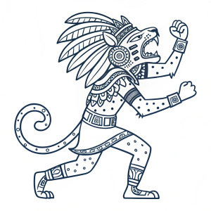 A simple line drawing of Jaguar God from Aztec mythology. Flat illustration with dynamic poses.