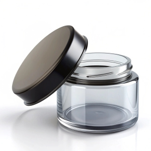 Cosmetics Blank Crystal Jar Mockup with open black lid by the side.