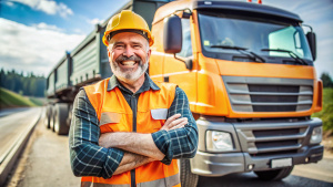 the dump truck driver is cheerful happy