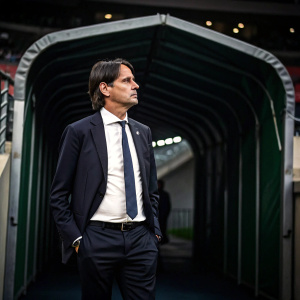 Simone Inzaghi, standing in a stadium tunnel. Dark suit, white shirt. Intense look, ready for the match.