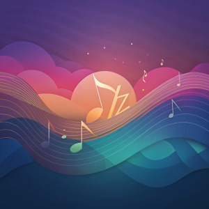 Rabiz music scene with traditional elements.

Wavy shapes on the Background. Gradients. Use colors, elements.
