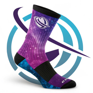 Stylized futuristic logo for Custom Elites.com. Features a sock with a swirling galaxy pattern in shades of purple and blue.