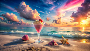 summer seashore sand cocktail ice cream, clouds, sun, blue, pink, surrealism, asymmetrical composition, soft light, magic, lights