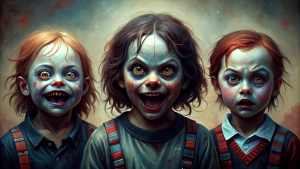 Three scary children with eerie smiles