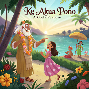 A vibrant illustration for the animated film 'Ke Akua Pono: A God's Purpose'. Depicting a joyful scene with characters in traditional Hawaiian clothing, featuring an elder man with a long white beard and a young woman adorned with a colorful lei.