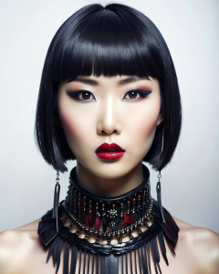 elegant 30 yo korean lady with bold makeup and black fringe hair wearing an antique ornate wrought iron punishment collar.  . white background