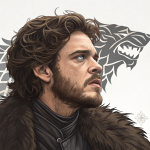 Digital art of Robb Stark from Game of Thrones. Wavy hair, beard, realistic textures. Stark family logo on background