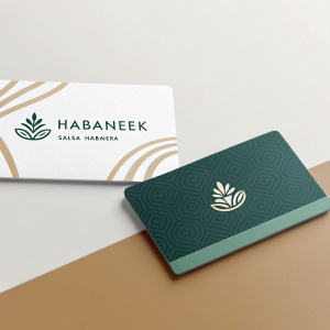 3D rendering of two business cards for Habaneek Salsa Habanera. Modern and sleek design, minimalist style