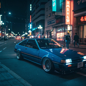 A sleek blue Toyota Trueno AE86 parked on a busy street under neon lights at night.