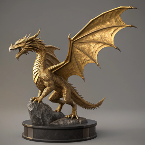 High-definition 3D render of a golden dragon sculpture. Intimidating pose, wings spread wide, detailed textures and sharp edges. Dark base with subtle light reflection. Grey background