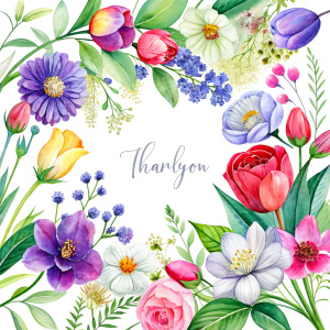 flowers surrounding "thank you", white background