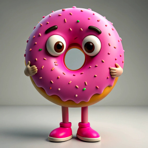 pink donut, with eyes, hands and legs, smiling, on a white background