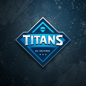 Modern digital artwork featuring the Titans logo. Dark, textured background. Bold blue color scheme. Statement below confirms Titans part of DC Universe.