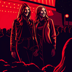 Whitney Port and Fearne Cotton at launch event for fashion website. Neon lights and bustling crowd in background.